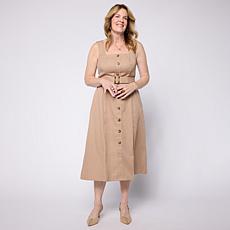 Nina Leonard Button-Front Stretch Linen Sleeveless Dress