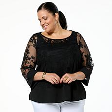 Nina Leonard Embroidered Mesh Knit 3/4-Sleeve Tunic