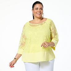 Nina Leonard Embroidered Mesh Knit 3/4-Sleeve Tunic