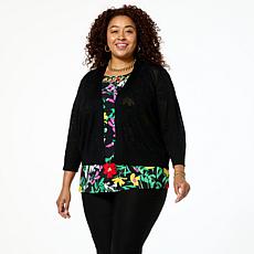 Nina Leonard Floral 3/4-Sleeve Sheer Knit Bolero