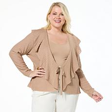 Nina Leonard Long Sleeve Ruffle Front Knit Cardigan
