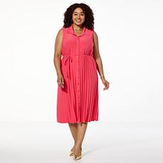 Nina Leonard Pleated Button Front Shirtdress