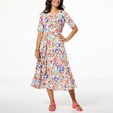Nina Leonard Sylvia Printed Elbow Sleeve Midi Dress 