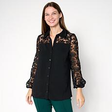 Nina Leonard Textured Wave and Embroidered Mesh Top