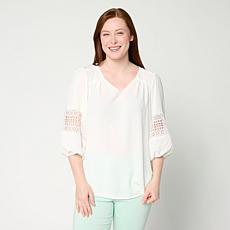 Nina Leonard Textured Wave Balloon Sleeve V-Neck Top