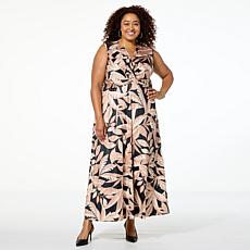 Nina Leonard Tie Waist Maxi Dress with Pleated Skirt