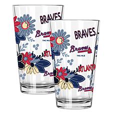 Official MLB Flower-Design & Logo 16 oz. Pint Glass 2pk-Atlanta Braves