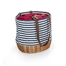 Picnic Time Coronado Basket Tote - Navy Blue & White Stripe