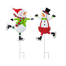 S/2 36"H Metal Christmas Yard Stake Skiing Snowmen