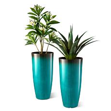 Set of 2 Oversized Gradient Turquoise Faux Ceramic Plastic Planters