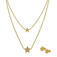 Stately Steel CZ Star Two-Strand Necklace and Stud Earrings Set