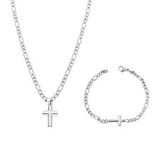 Stately Steel Stainless Steel Figaro Chain Cross Necklace and Bracelet