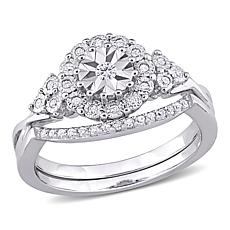 Sterling Silver 0.21ctw Diamond Halo Bridal Ring 2-piece Set