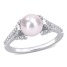 Sterling Silver 7-7.5mm Cultured Pearl and Diamond Vintage Style Ring