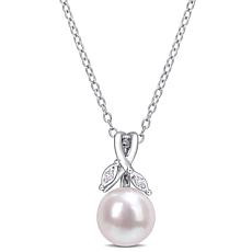 Sterling Silver 7.5-8mm Cultured Pearl and Diamond Drop Pendant 
