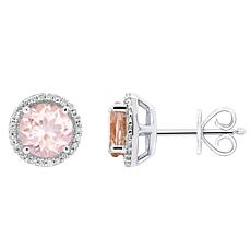 Sterling Silver 7mm Round Morganite and Diamond Halo Stud Earrings