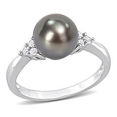 Sterling Silver 8-8.5mm Tahitian Black Pearl and Diamond Ring