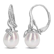 Sterling Silver 9-9.5mm Pearl and Diamond Twist Leverback Earrings