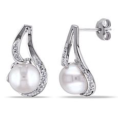Sterling Silver 9-9.5mm White Pearl and Diamond Drop Earrings