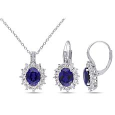 Sterling Silver Created Sapphire and Diamond Oval Pendant and Earri...