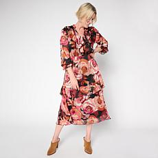 TWRHLL by Christie Brinkley Ruffled Chiffon Midi Dress