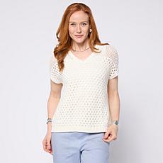 WynneLayers Cap-Sleeve Open-Stitch V-Neck Sweater