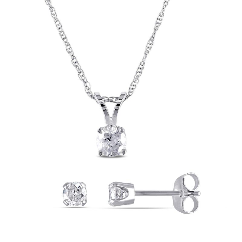 14K White Gold 0.65ctw Diamond Round Solitaire Earrings and Pendant