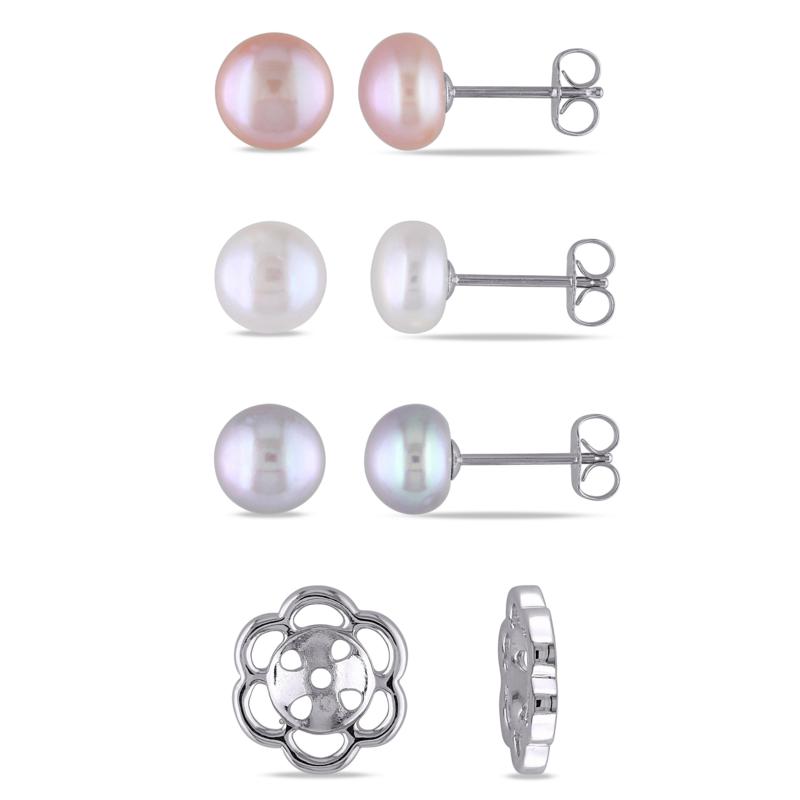8-9mm Multi-Color Cultured Pearl Interchangeable Stud Earrings Set