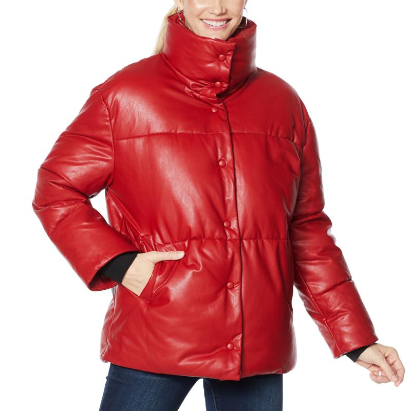 red leather puffer jacket