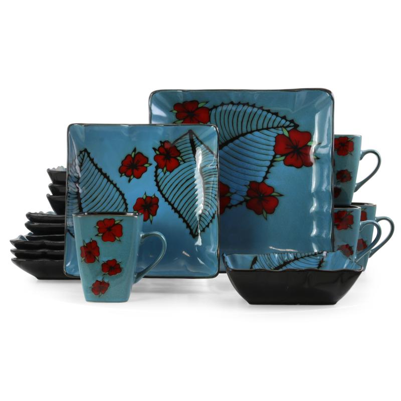 Elama Aloha Tide 16 Piece Square Stoneware Dinnerware Set in Blue a...