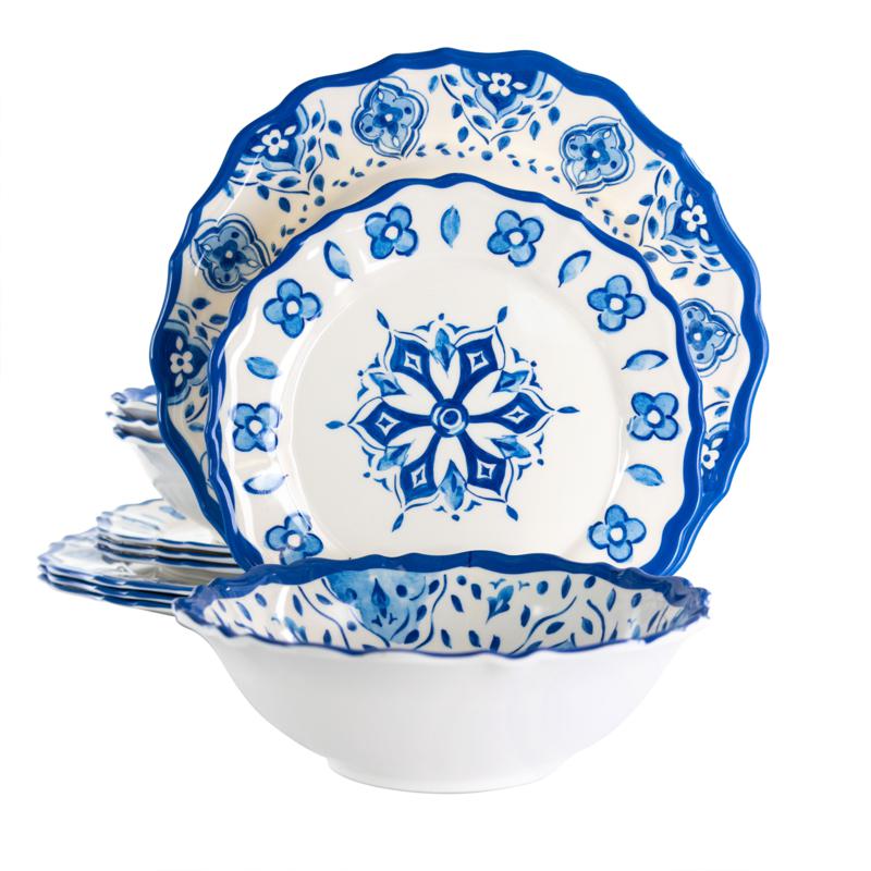 Elama Garden 12-Pc Scalloped Lightweight Melamine Dinnerware Set-Blue