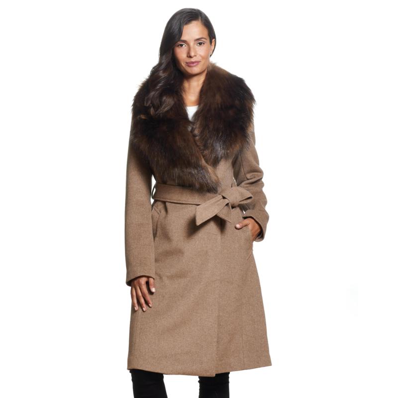 wool blend wrap coat with removable faux fur collar