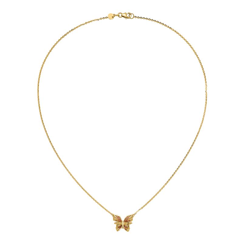 Golden Treasures 14K Gold Diamond-Cut Pink Enamel Butterfly Necklace