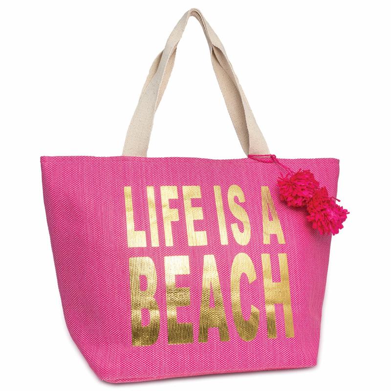 Magid Life Is A Beach Metallic Slogan Insulated Straw Beach Tote ...