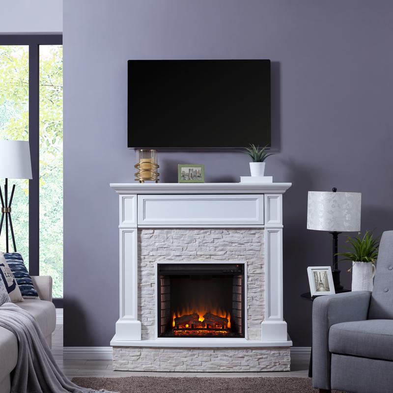 Southern Enterprises Tamala Faux Stone Media Fireplace - White