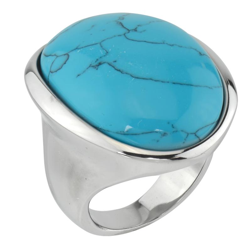 Stately Steel Domed Oval Blue Howlite Ring