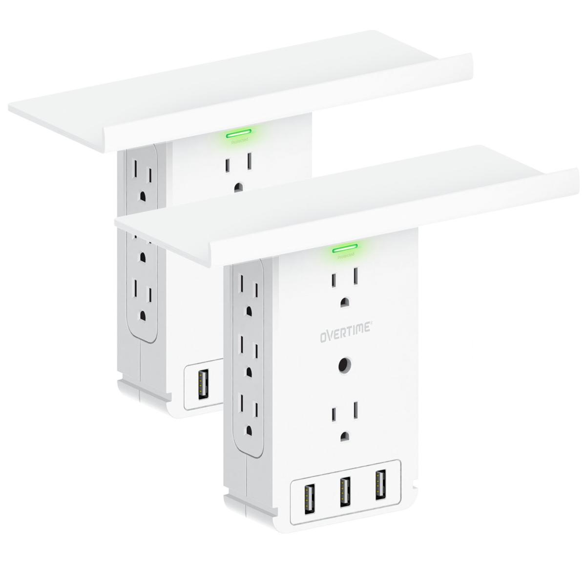 Overtime Outlet Shelf w/8 Sockets, 3 USB Ports & Surge Protection 2pk
