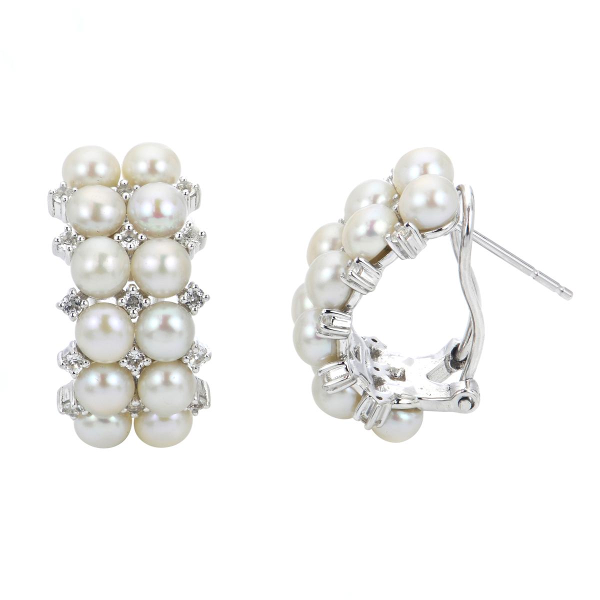 Sterling Silver 44.5mm Cultured Pearl and Created Gem Hoop Earrings