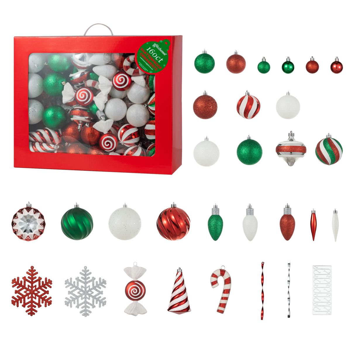 160ct Christmas Whimsical Red & Green Deluxe Shatterproof Ornaments
