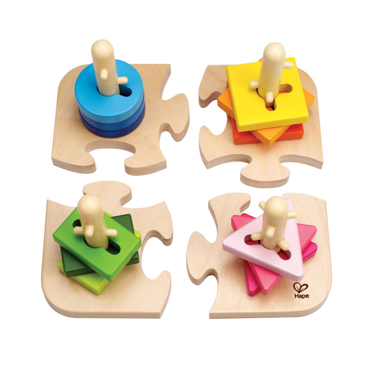 Hape Creative Peg Puzzle Wooden Stacking Shape Puzzle Toy, 16 pcs