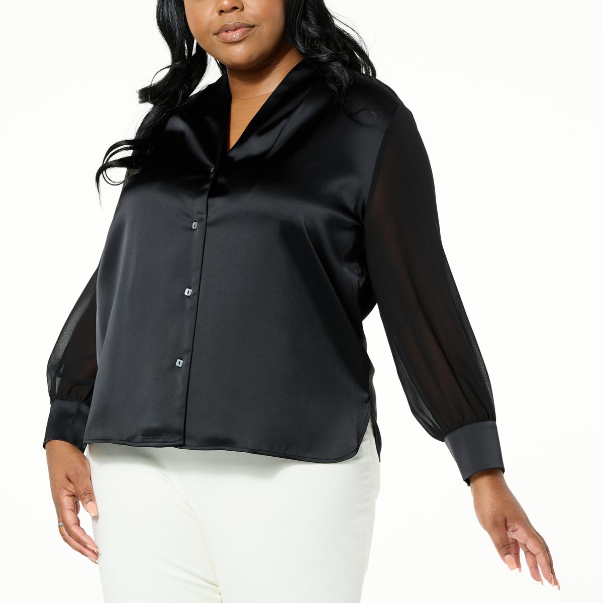 WynneCollection Satin Blouse with Chiffon Sleeves 21040365 HSN