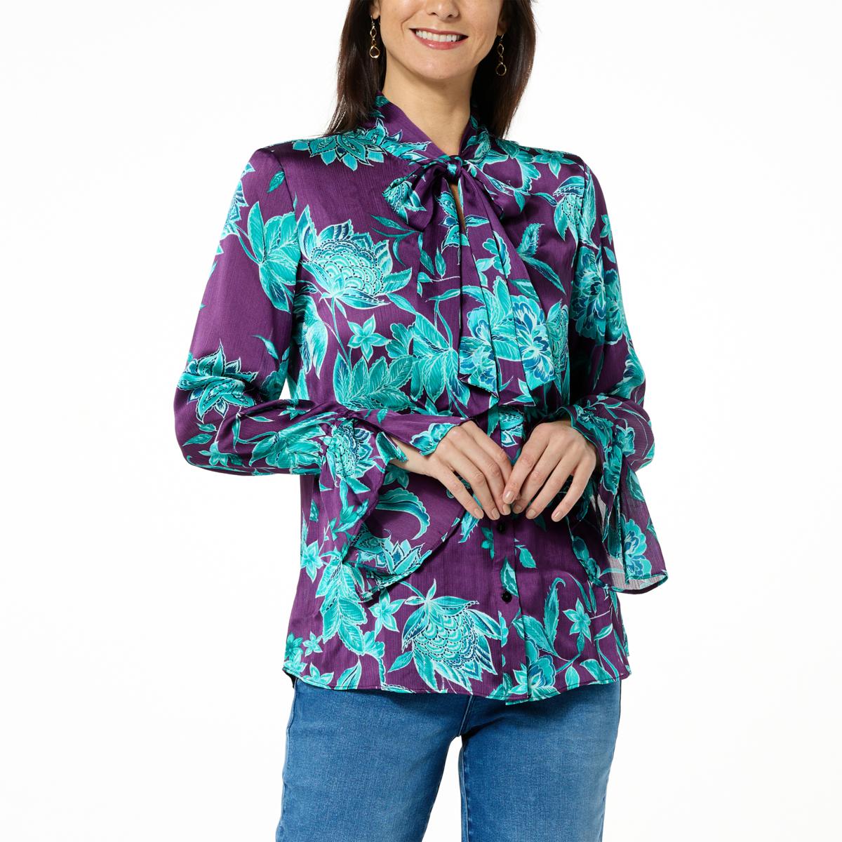 IMAN Global Chic Printed Woven Neck Tie Blouse 21098312 HSN