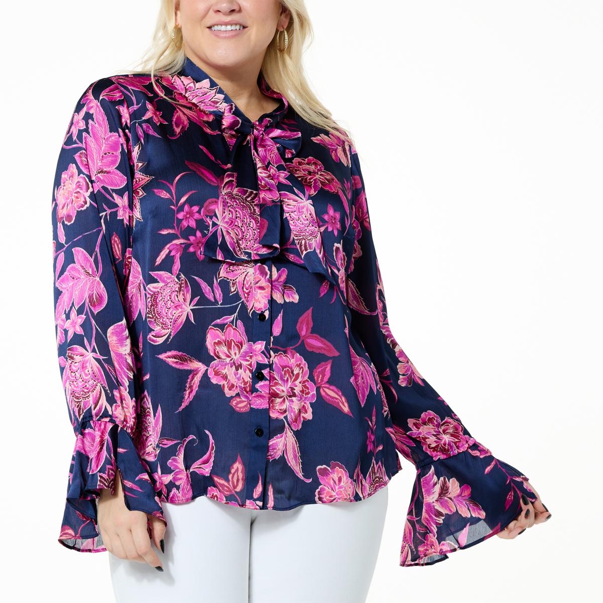 IMAN Global Chic Printed Woven Neck Tie Blouse 21098312 HSN