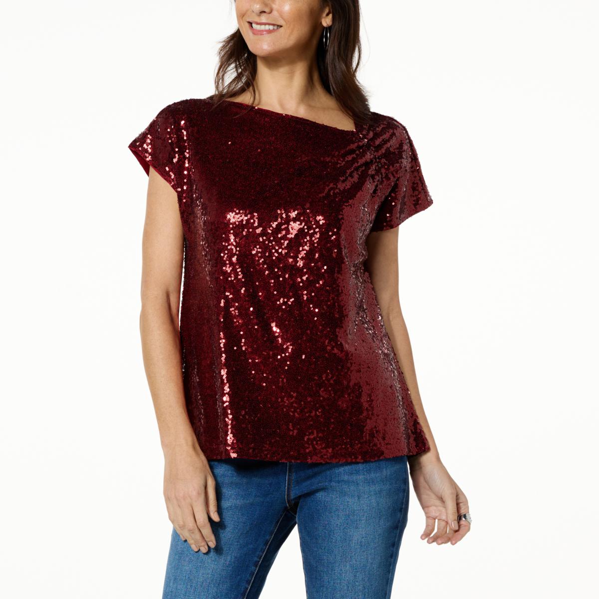 DG2 by Diane Gilman Ruched Shoulder Sequin Top 21480132 HSN