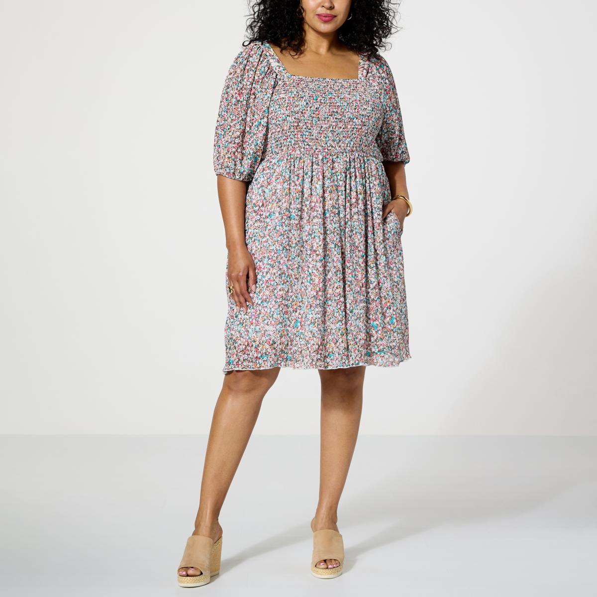 Nina Leonard Printed Smocked Top Dress - 21766237 | HSN