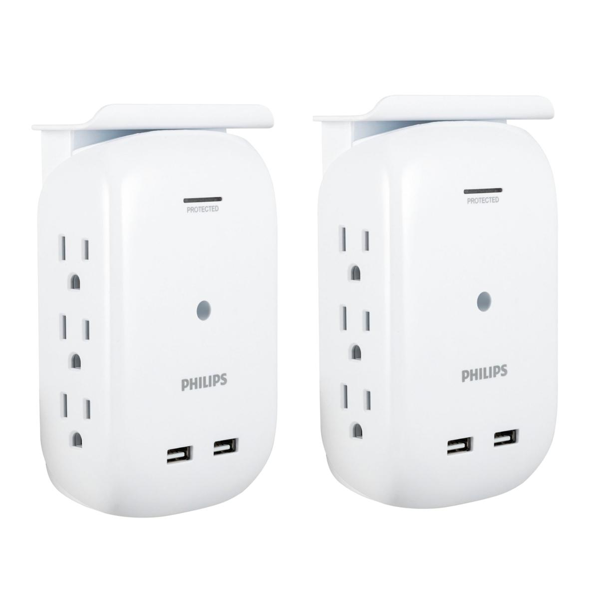 Philips 2pack 6Outlet 2USB Outlet Surge Protectors with Shelves