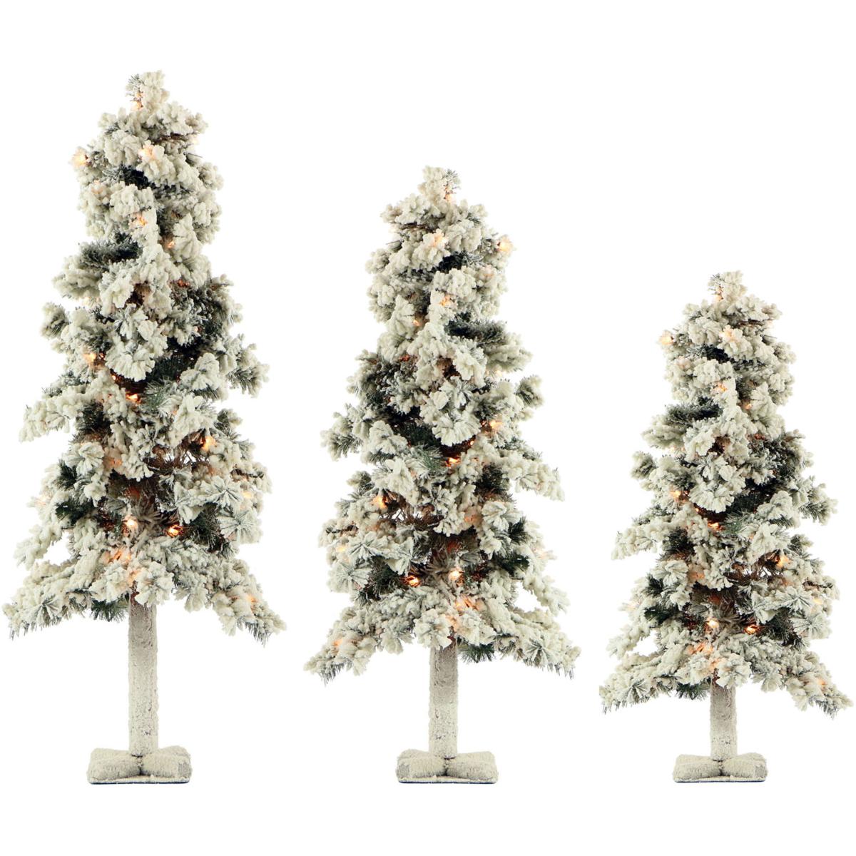 Set of 3 Snowy Alpine Trees with Clear Lights (2Ft. 3Ft. 4Ft