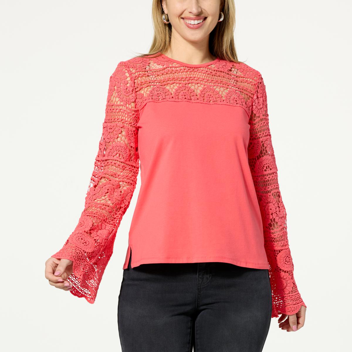 DG2 by Diane Gilman Cotton Jersey and Lace Knit Combo Top 22291540 HSN