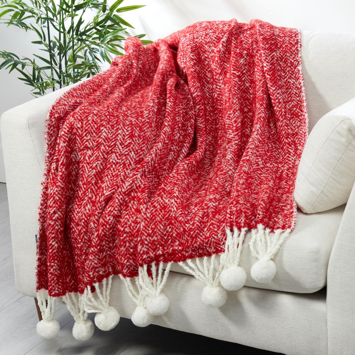 Emryn House Woven Herringbone Throw with Pompoms - 22341999 | HSN