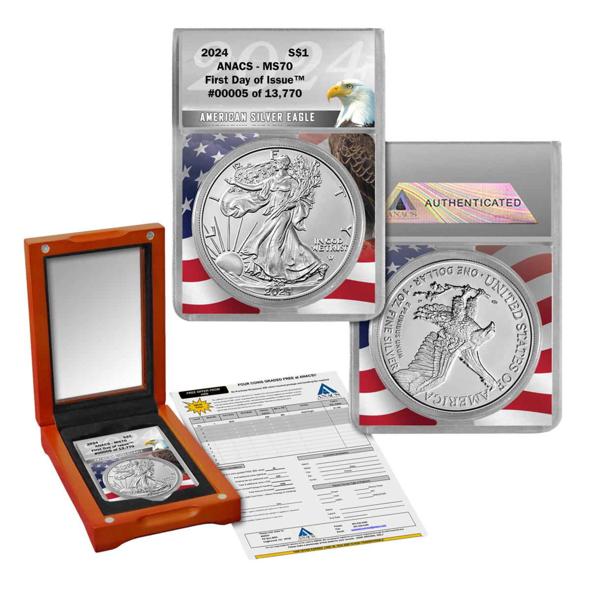 2024 MS70 ANACS FDOI LE 13,770 Silver Eagle and Grading Certificate